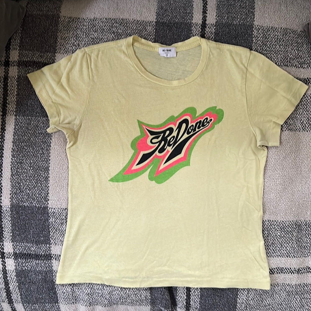 Re/Done Yellow Logo Vintage Classic Tee Shirt Top Size Small